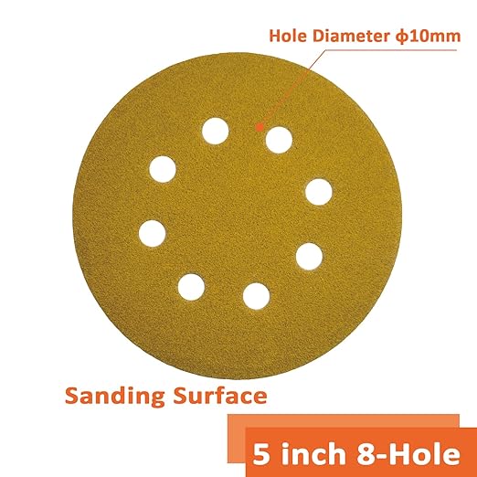 Orbital Sanding Discs 5 Inch 8 Holes 120 Grit Sander Pad,Hook and Loop Wet/Dry Gold Replacement Sandpaper,Suitable for Wood,Plastic Grinding and Polishing,Pack of 50