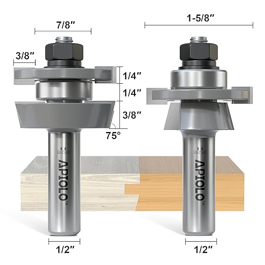 Professional 2PCS Shaker Style Rail and Stile Router Bits Set 1/2 Inch Shank, 3/8 Inch Cutting Depth, Up to 7/8 Inch Stock, Perfect Door Frame Shaper Cutters Raise Panel Making Router Bit Set