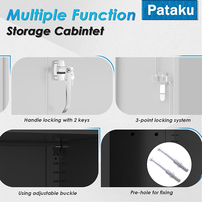 Pataku Metal Storage Cabinet, Garage Cabinet with Doors and Shelves 36" Hx32 Wx16 D, Steel Lockable File Cabinets for Office, Home, Garage, Basement, Industrial, Black Grey