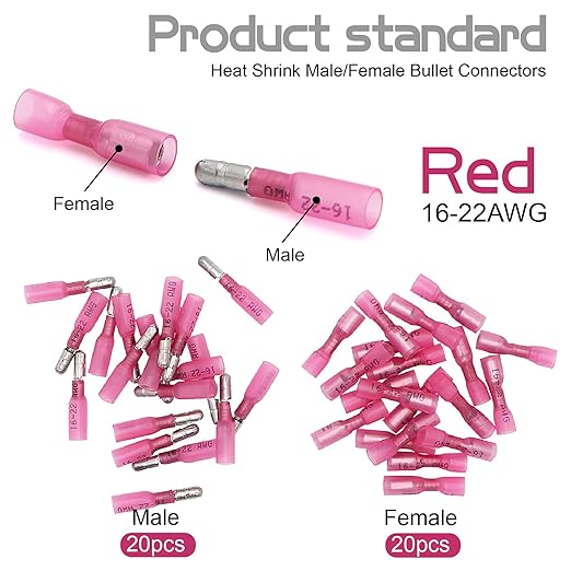 120PCS Heat Shrink Bullet Connectors Kit,Waterproof Electrical Female & Male Bullet Butt Terminals(12-10AWG,14-16AWG,18-22AWG)