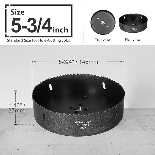 5-3/4 Inch Hole Saw with 1/2" Hex Shank Quick Change Arbor, JTemgle Bi-Metal Hole Saw Heavy Duty Hole Cutting Tool for Cornhole Boards, Recessed Lights, Wood, Plastic, Drywall & Soft Metal
