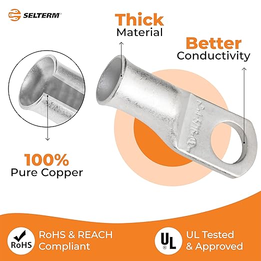 SELTERM 25pcs 4 AWG 5/16" Stud Marine Grade Tinned Copper Battery Cable Lugs, 4 Guage Ring Terminals, UL Wire Lugs Electrical Battery Cable Ends, Tinned Copper Lugs Battery Terminal Connectors