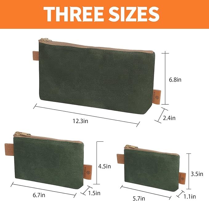 Canvas Zipper Pouch, 3 Pack Small Tool Pouch Organizer, Heavy Duty 16OZ Waxed Canvas Mini Zipper Bag Pouch, 5.7/6.7/12.3 Inch Tool Multipurpose Water Resistant Storage Pouches