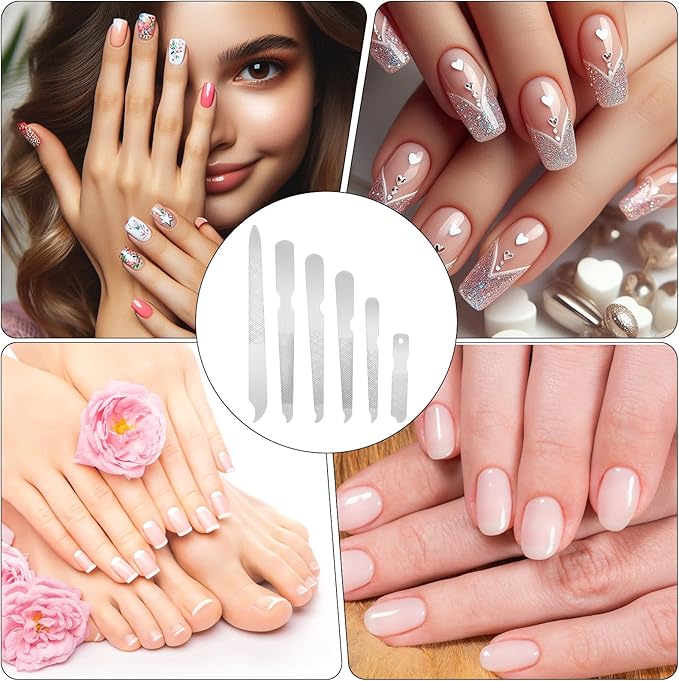 6PCS Metal Nail File for Natural Nails, Stainless Steel Nail Files Double Sided Sword Fingernail Files with Pointed Tip Non Slip Handle Curved Nail File Manicure Tools Finger Nail Filers