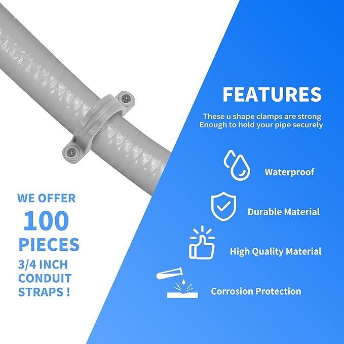 100 Pcs PVC Pipe Straps 1/2 Inch, Plastic Conduit Clamp Pipe, 2 Holes Heavy Duty U Clamps for 1/2 inch PVC Pipe Conduit Cables Hose
