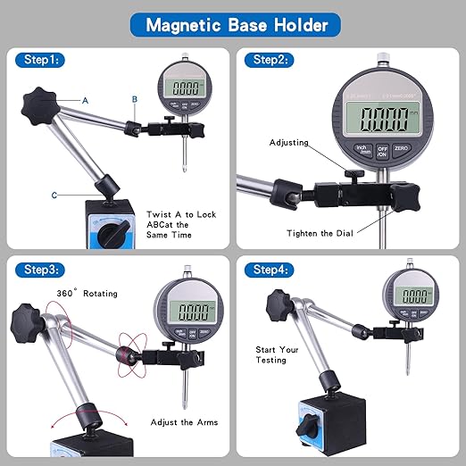 Electronic Digital Dial Indicator with Magnetic Base Holder Fine Adjustable Long Arm 0-1" / 25.4mm Inch/Metric Conversion Professional Gauge 0.01mm/0.001"