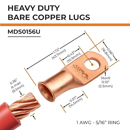 SELTERM 10pcs 1 AWG - 5/16" Stud - Battery Lugs, Heavy Duty Wire Lugs, Ring Terminals, Battery Cable Ends,1 Gauge Terminals, UL Bare Copper Eyelets Electrical Battery Terminal Connectors