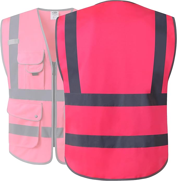 JKSafety 9 Pockets Class 2 High Visibility Zipper Front Safety Vest With Reflective Strips, Meets ANSI/ISEA Standards (Large, 150-Pink)