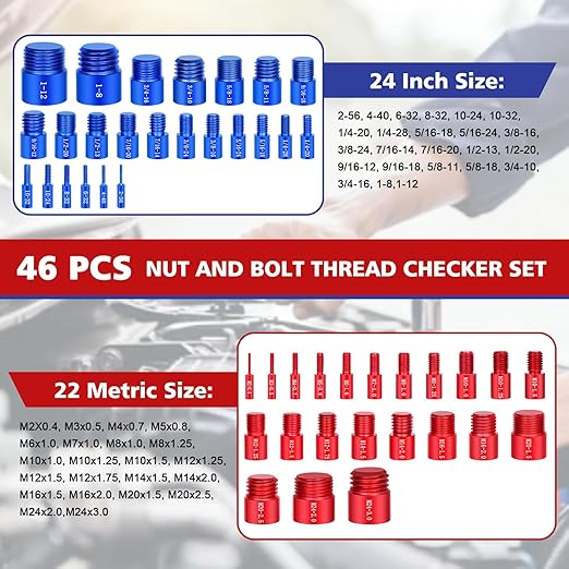 46Pcs Thread Checker, Nut and Bolt Thread Checker Standard and Metric, 24 Inch & 22 Metric Thread Gauge Kit, Suitable for Nut Bolt Size Finder and identifier in Narrow and Tricky Area
