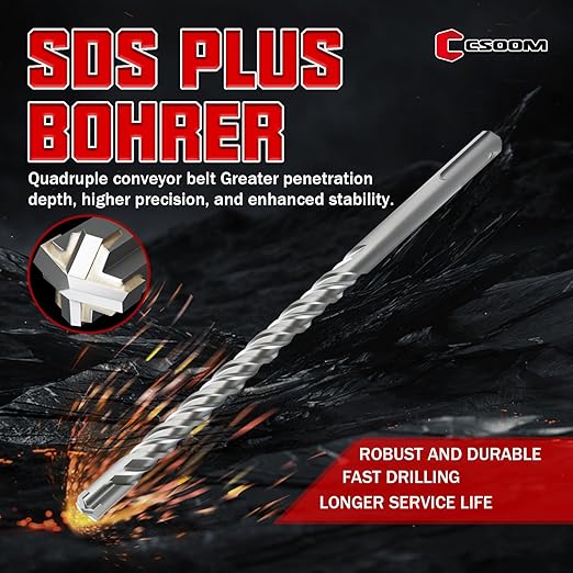 CSOOM SDS Plus Rotary Hammer Drill Bit 1/2"x8.27", Professional Concrete Drill Bit for Concrete, Brick, Stone and Cement Walls