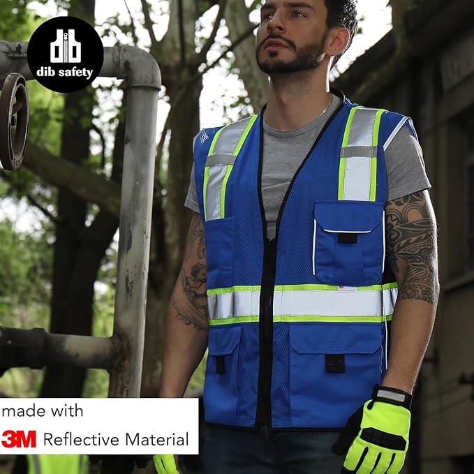 Dib Safety Vest Reflective Blue Mesh, High Visibility Vest with Pockets and Zipper, Heavy Duty Vest Made with 3M Reflective Tape S