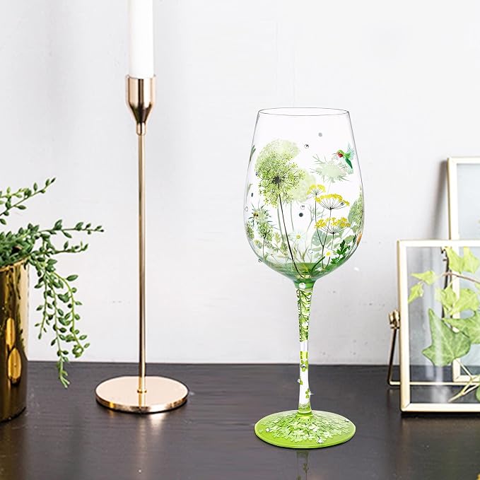 NymphFable Colorful Wine Glass Flower Bird Gragonfly Artisan Painted 15oz - Image 3