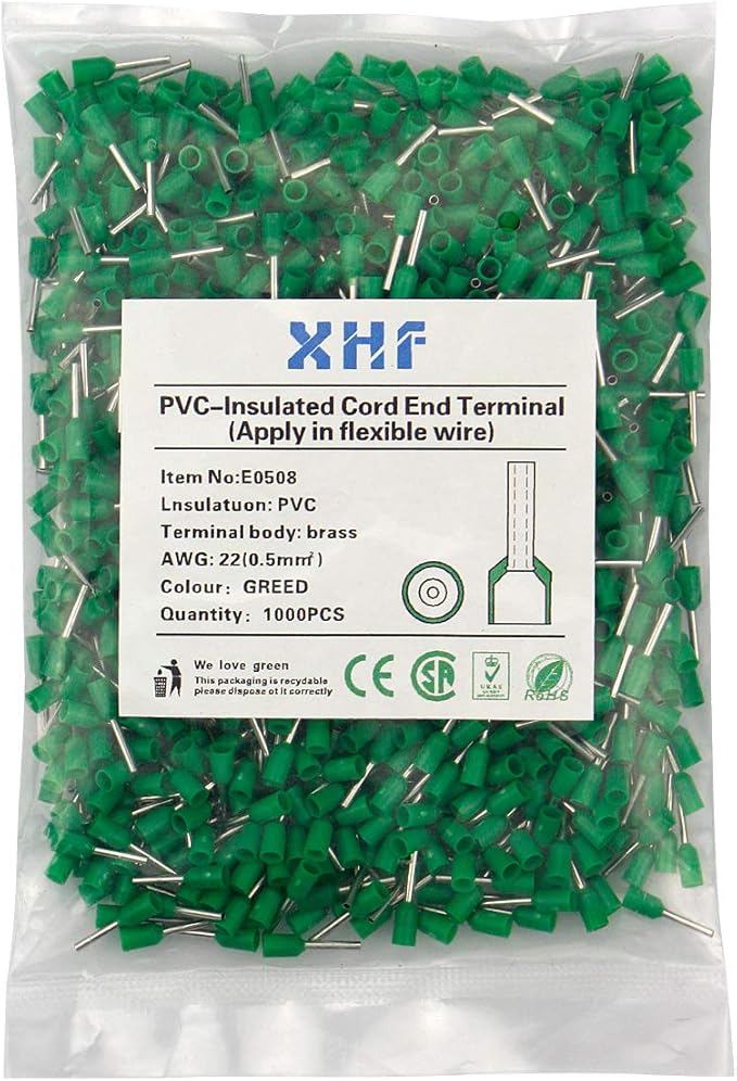 XHF 1000 PCS AWG 22/0.5mm² Wire Ferrules Insulated Copper Crimp Connectors, Crimp Pin Cord End Terminals Green