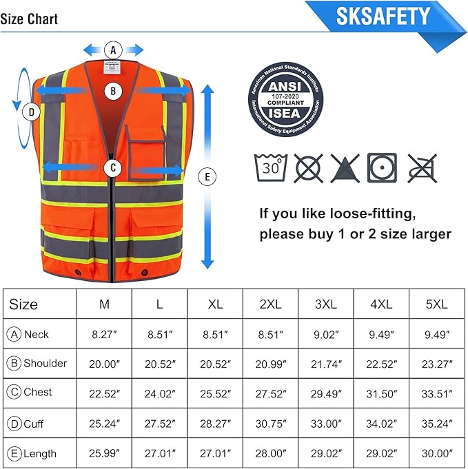 SKSAFETY 10 Pockets Safety Vest, Class 2 High Visibility Security with Zipper, Hi Vis Vest with Reflective Strips, ANSI/ISEA Standard, Construction Work Vest for Men ＆ Women （Orange, L）