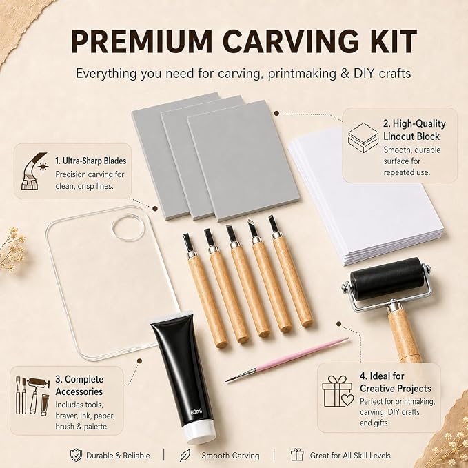 Linocut Kit with 3 Blocks, Linoleum Blocks - Image 3
