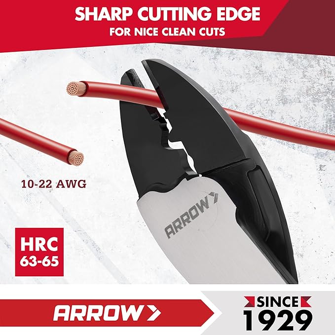 ARROW 9.5" Wire Crimper/Cutter, Wire Crimping Tool with Thick Dip-Grip Handle, CR-V Steel, Crimper Tool Electrical for 10–22 AWG Insulated & Non-Insulated Terminals and Connectors