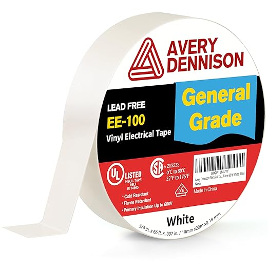 Avery Dennison Electrical Tape, General Use PVC Electric Tape, UL/CSA Listed Insulating Vinyl Tape for Electrical, Repairs, Automotive and Equipment, EE-100, ¾ in x 66 ft, White, 1 Roll