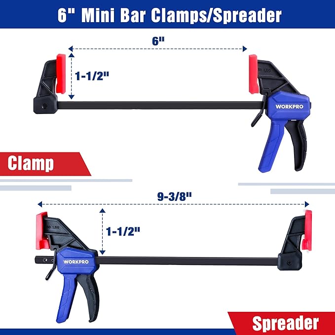 WORKPRO 6" Mini Bar Clamps for Woodworking, One-Handed Clamp/Spreader, - Image 2