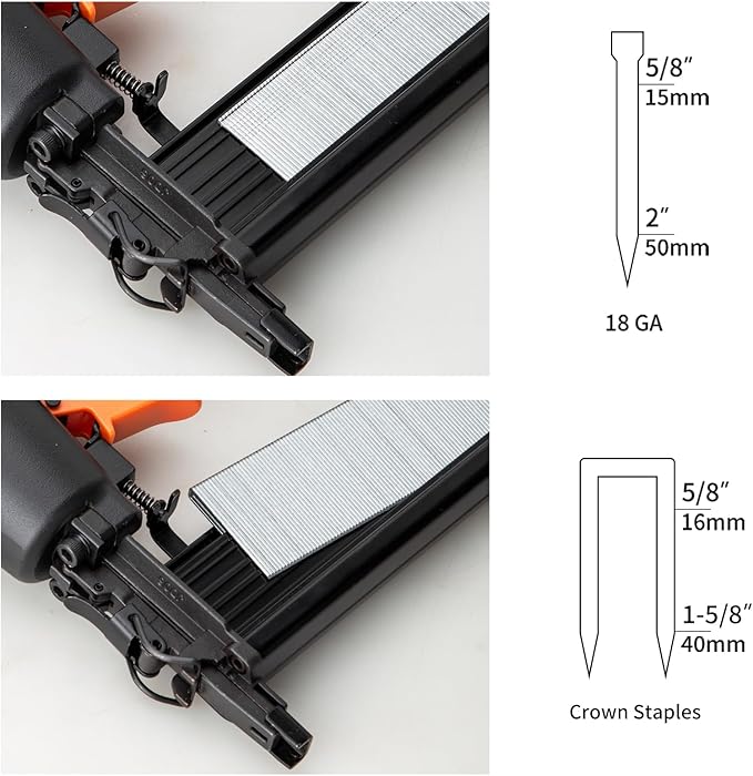 Pneumatic Brad Nailer,18 Gauge,2 in 1 Air Nail Gun Staple Gun,Accepts 2 Inch Brad Nails and Crown 1-5/8 inch Staples,with Carrying Case and 1000pcs Nails,for Carpentry, DIY,Woodworking