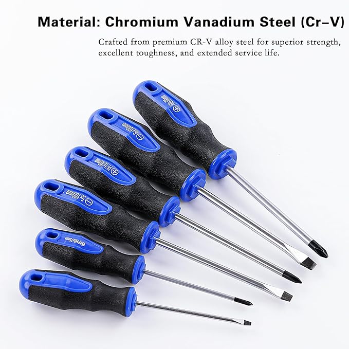 6PCS Magnetic Tip Screwdriver Set, 3 Phillips and 3 Flat, Professional Cushion Grip | 6-Piece Hand Tools Set