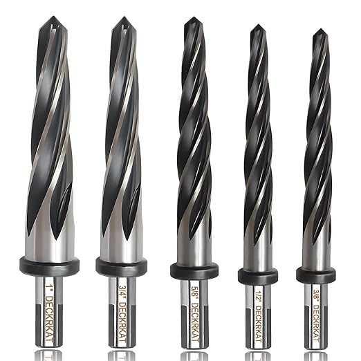 5-Piece 3/8", 1/2", 5/8", 3/4", 1" Reamer Drill Bit for Metal, M2 HSS Taper Reamer for Steel, Alloy, Wood, Plastic to Align, Enlarge Holes – 5-Spiral Flutes, 1/2" Non-Slip Shank, Construction Reamer.