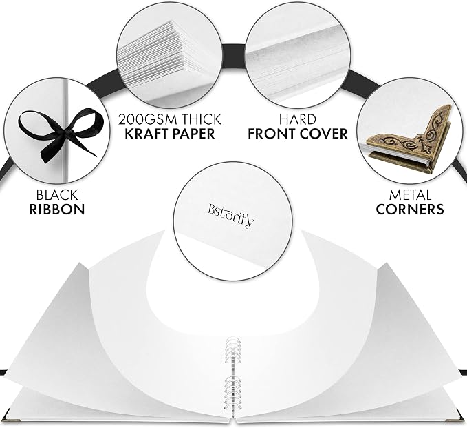 Bstorify Square Scrapbook Photo Albums 50 Pages White Thick Paper, Metal Corners - Image 3