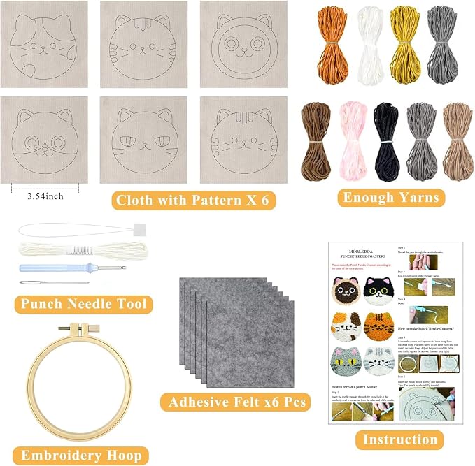 Morledoa Punch Needle Coasters Kit, Punch Needle Kits Adults Beginner, Cat - Image 2