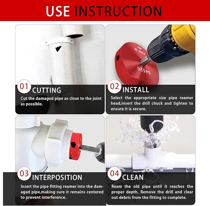 8Pcs Pvc Pipe Reamer Kit,Pipe Fitting Tools Contains 1/2", 3/4",1",1-1/4",1-1/2",2",3",4" Aluminum Head with a Extender,Fit into Standard 1/2" Drill,PVC Fitting Saver for PVC,CPVC,PPR or ABS,Red
