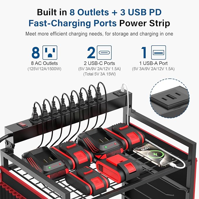 JUNNUJ Garage Large Power Tool Organizer Cart with 8 Outlet 3 USB Charging Station, Floor Rolling Drill and Tools Battery Storage Cart on Wheels, Heavy Duty Utility Rack Shelf with Power Strip