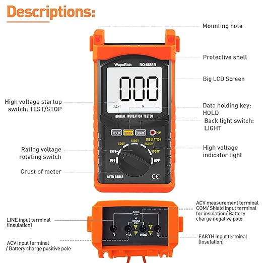 Megohmmeter 200 Gig Ohm Digital Insulation Resistance Tester 500V/1kV/2.5kV/5kV Auto Range Voltage,Resistance Tester with 1999 Count LCD Display, Data Hold, Back-Light-RQ-6688B（Orange）
