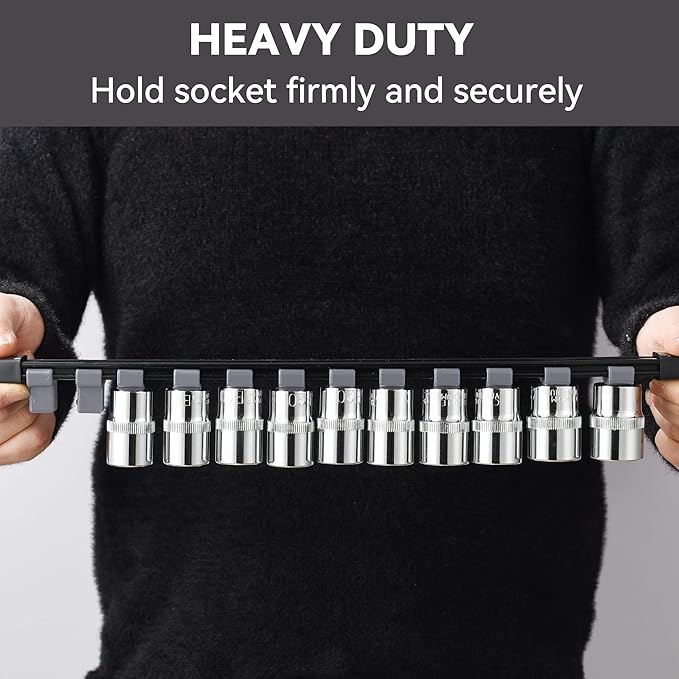 ALOANES 12-PC ABS Socket Organizer, 1/2", "3/8", "1/4" Drives, Heavy Duty Socket Racks, Black Rails with Gray Clips