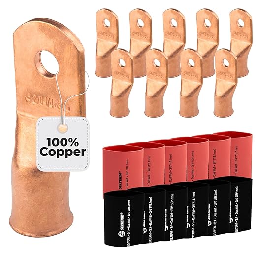 SELTERM 10pcs - 2/0 Awg - 1/4" Stud - Battery Lugs - Ring Terminal Connectors | with 12pcs 3:1 Black & Red Heat Shrink Tubing with Adhesive | Heavy Duty Battery Cable Ends - Bare Copper Wire Lugs Kit