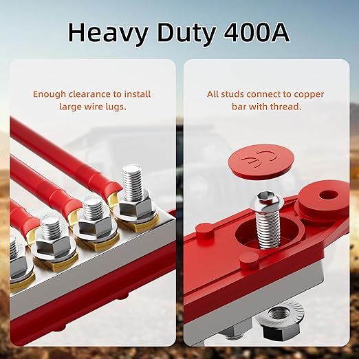 400A Bus Bar 12V Power Distribution Block 6 x 5/16" (M8) Terminal Studs 12 Volt Marine Bus Bar Positive & Negative for Boat Automotive Solar System