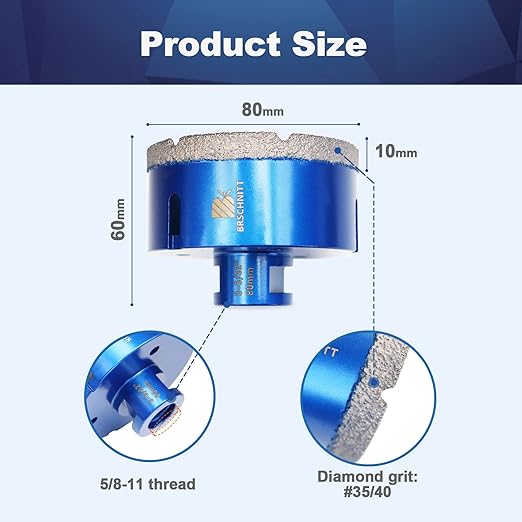 80mm Diamond Core Drill Bit for Porcelain Tile Ceramic Marble Granite Drilling,BRSCHNITT 2pcs Vacuum Brazed Diamond Hole Saw with 5/8-11 Thread (80mm 2pcs)
