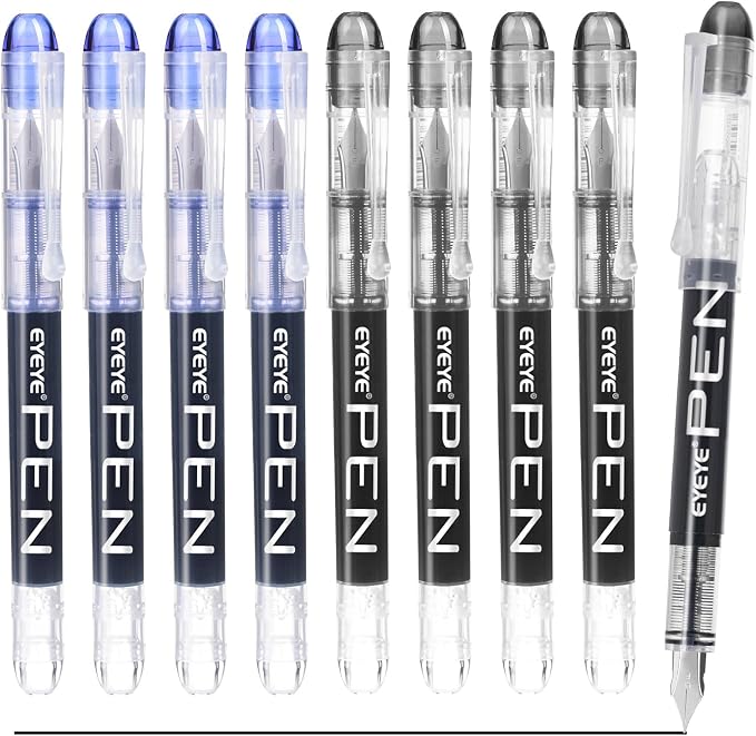 EYEYE Fountain Pens for Writing, 5 Black 4 Blue Disposable Fountain Pens by eyeye
