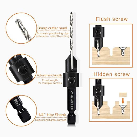 Countersink Drill Bit Set, 7-Piece Woodworking M2 Countersink Drill Bits for #4, 6, 8, 10, 12, 14 Screws, 82-Degree Chamfer, ¼” Hex Shank, 2 Allen Wrenches, HSS Drill Bits Detachable Depth Adjustable