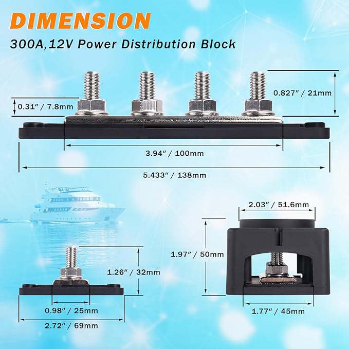 300A Heavy Duty Module Bus BAR 12V 24V 48V DC Power Distribution Block with 4 x 5/16" (M8) Studs, Gift 12pcs Cable Lugs and 20pcs Heat Shrink Tubing - Marine Bus Bar (Black-)