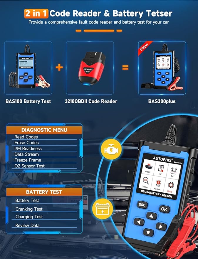 AUTOPHIX 2 IN 1 OBD2 Scanner with Battery Tester, BAS300 Plus 12V 100-2000 CCA Battery Charging Cranking Test Car Code Reader, Full OBD2 Diagnosis Check Engine Diagnostic Scan Tool Battery Load Tester
