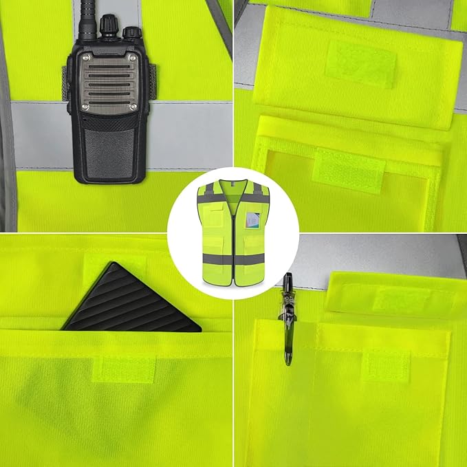 TCCFCCT Reflective Safety Vest with 5 Pockets High Visibility Vest for Men Women, Work Vest with Horizontal Strip for Walkie-talkie and ID Card, Meets ANSI/ISEA Standards, T5-Yellow, 4XL