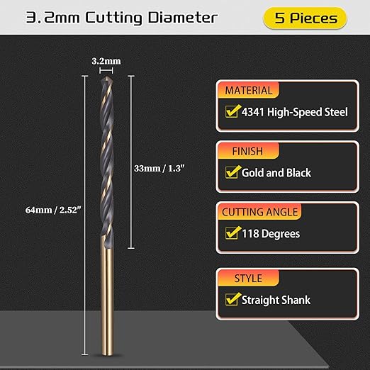 Drill Bit, 3.2mm Cutting Diameter, 4341 HSS Gold and Black 118° Cutting Angle Number Jobber Bits - (Applications: for Drilling Soft Metal Plastic Wood), 5-Pieces