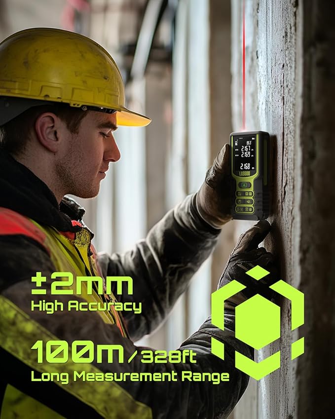 Laser Measure, LASGOO 100m/328ft Laser Measurement Tool, Laser Distance Meter with Angle Sensor, Ft/in/M Units, LCD Backlit Display, Length/Area/Volume/Pythagorean Mode, Battery Included