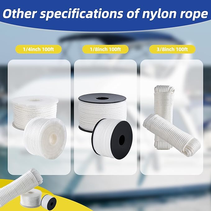 White Nylon Rope 1/8inch 100ft Braided Multi-Purpose Ropes for Outdoor&Indoor Heavy Duty for Camping, Boat, Garden, Clothesline, Marine, Soft & Flexible, High Tensile Strength