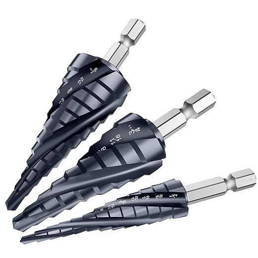 M35 Four Spiral Flute Cobalt Step Drill Bit Set 1/8"-7/8", Industrial Grade Wear-Resistant TiAlN Coated 1/4" Hex Shank Step Bit for Metal, Stainless Steel, Aluminum, Wood, Plastic (3pcs)