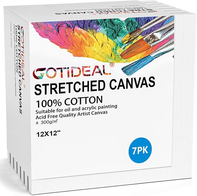 GOTIDEAL Stretched Canvases for Painting, 12x12 Inch Set of 7, Primed White by GOTIDEAL
