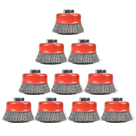 10PCS 3 Inch Carbon Steel Crimped Wire Wheel Cup Brush Set for Grinders, Coarse Crimped with 5/8-Inch-11 Threaded Arbor, Max RPM 12,500, Light-Duty Conditioning for Metal, Rust Removal, Abrasives