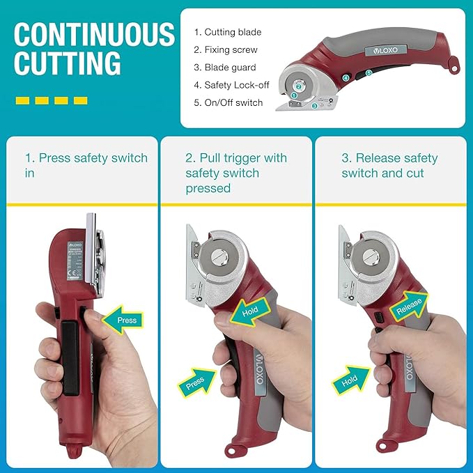 VLOXO Cardboard Cutter, Cordless Electric Scissors with Safety Lock, 4.2V Electric Box Cutter Multi-Cutting Tools, Rechargeable Powerful Scissors for Carpet Leather Felt with Storage Box