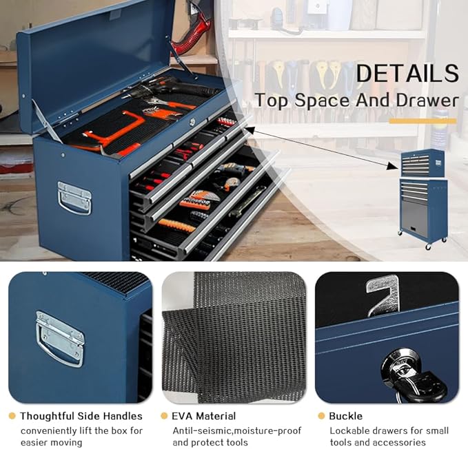 13 Drawer Rolling Tool Chest with Wheels, 2 in 1 Detachable Tool Chest with Drawers, Large Tool Box with Lock, Metal Tool Cabinet for Garage Workshop(Blue-Gray)
