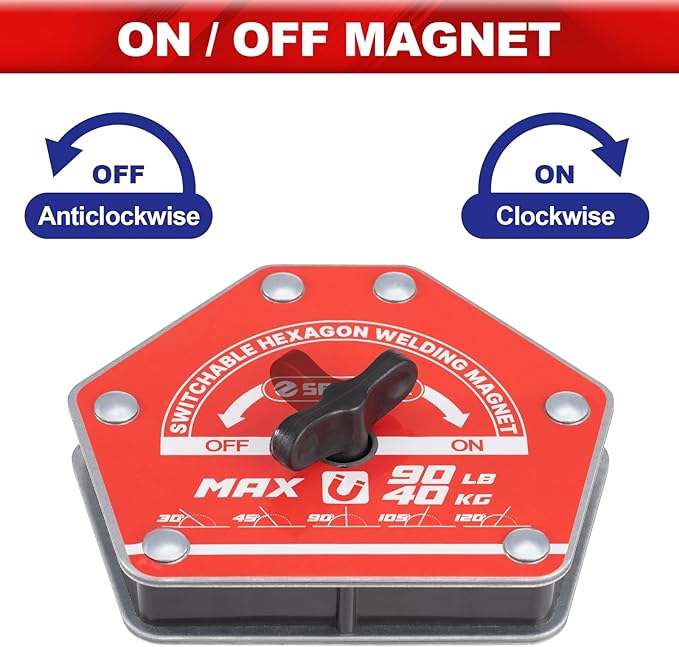Spurtar Switchable Welding Magnets 90lbs 2PCS On/Off Magnet and Clamps, Heavy Duty Hexagon Welding Holder Tools and Accessories, Holder 30°, 45°, 60°, 75°, 90°, 105°, 120°, 135°, 150°