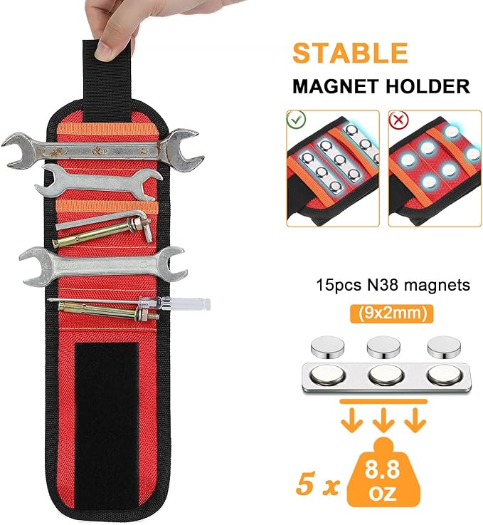 vidsel Magnetic Tool Holder Belt & Wrist-Band (15 N38 Magnets), Adjustable Work Gadget for Electricians/DIY/HVAC, Screws, Nails, Drill Bits Organizer, Birthday Gift for Men, Dad, Husband, Red