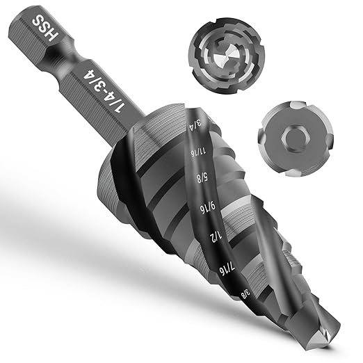 Four Spiral Flute Step Drill Bit, HSS Step Drill Bits (1/4"-3/4") Unibit Step Drill Bit, 1/4" Shank Step Bits for Aluminum, Wood, Plastic, Metal